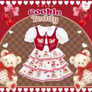 Maria Diamond สีขาวแดง Cookie Teddy Dress เดรสผ้าเปเป้งานปักทั้งชุด ดีเทลเอี๊ยมผูกโบว์หน้า