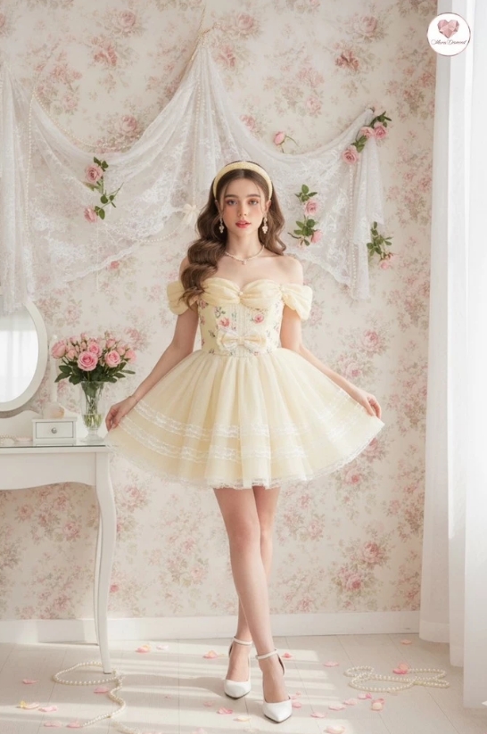Maria Diamond Belle Princess Dress ปาดไหล่แต่งไข่มุก กระโปรงกลิตเตอร์ - Image 3