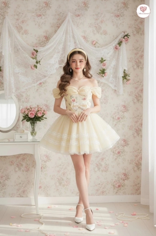 Maria Diamond Belle Princess Dress ปาดไหล่แต่งไข่มุก กระโปรงกลิตเตอร์ - Image 4