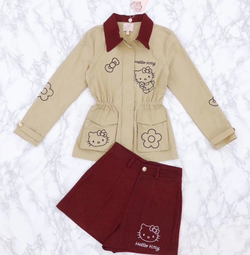 Maria Diamond Coat Kit Set เซ็ต 2 ชิ้น เสื้อผ้าไนลอน jacket ซิปหน้ามีกระเป๋า เอวสม็อครูดได้ +กางเกงยีนส์ขาสั้นมีกระเป๋า - Image 2