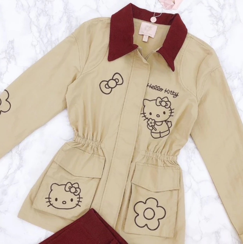 Maria Diamond Coat Kit Set เซ็ต 2 ชิ้น เสื้อผ้าไนลอน jacket ซิปหน้ามีกระเป๋า เอวสม็อครูดได้ +กางเกงยีนส์ขาสั้นมีกระเป๋า - Image 3