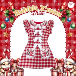 Maria Diamond สีแดง Rabbit X'mas Dress เดรสผ้าทอลายสก็อค ปกคอบัวพิมพ์ลาย มีกระเป๋าหน้า แต่งโบว์ขาว
