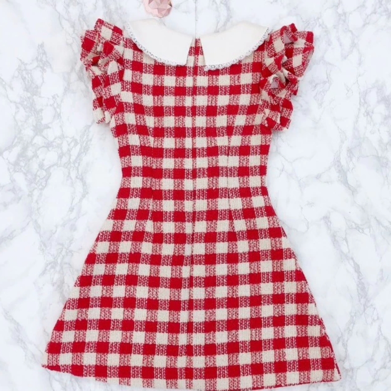 Maria Diamond สีแดง Rabbit X'mas Dress เดรสผ้าทอลายสก็อค ปกคอบัวพิมพ์ลาย มีกระเป๋าหน้า แต่งโบว์ขาว - Image 3