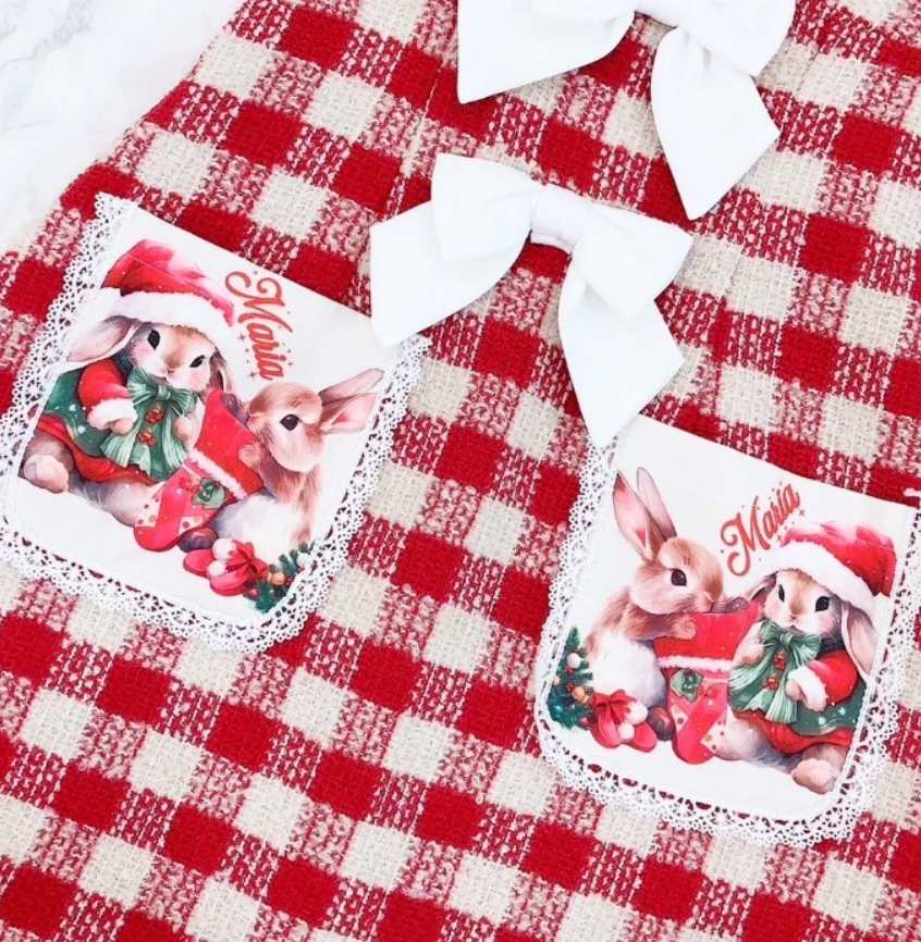 Maria Diamond สีแดง Rabbit X'mas Dress เดรสผ้าทอลายสก็อค ปกคอบัวพิมพ์ลาย มีกระเป๋าหน้า แต่งโบว์ขาว - Image 6