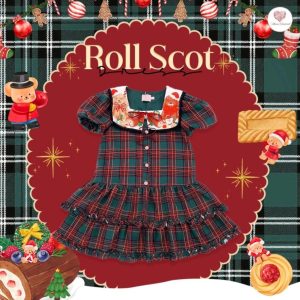 Maria Diamond สีเขียว Roll Scot Dress เดรสผ้าทอลายสก็อตสวมหัว แขนสั้นตุ๊กตา ปกพิมพ์ลาย ทรงคอเหลี่ยม