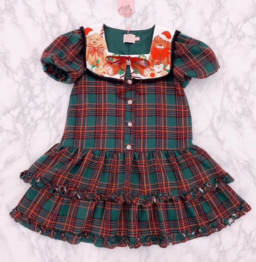 Maria Diamond สีเขียว Roll Scot Dress เดรสผ้าทอลายสก็อตสวมหัว แขนสั้นตุ๊กตา ปกพิมพ์ลาย ทรงคอเหลี่ยม - Image 2