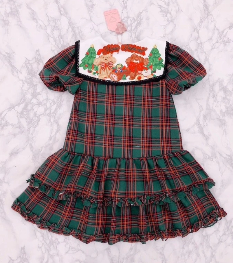 Maria Diamond สีเขียว Roll Scot Dress เดรสผ้าทอลายสก็อตสวมหัว แขนสั้นตุ๊กตา ปกพิมพ์ลาย ทรงคอเหลี่ยม - Image 3