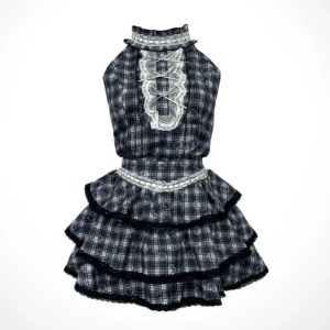 BELLITA ชุดเซ็ต 2 ชิ้นลายสก็อต + กระโปรงขนมชั้น พิมพ์ลายน้องเเมว ชุดใส่เที่ยว ชุดใส่ไปคาเฟ่