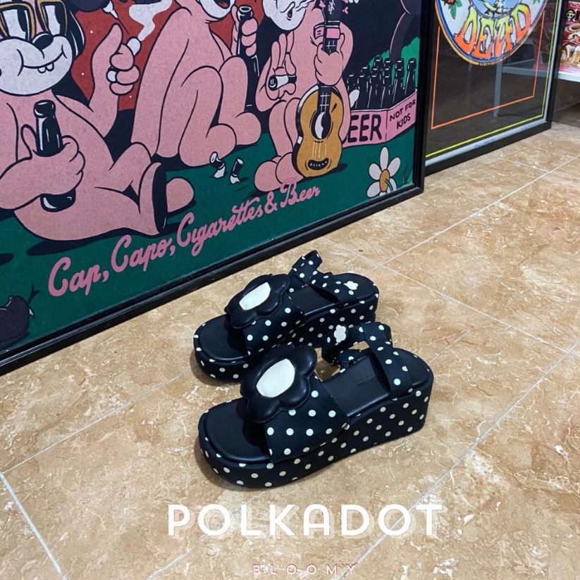 JUDII LES SHU ลายใหม่ Polka dot รุ่น Bloomy (วัสดุผ้าแคนวาส) Size 34-45 ส้นตึกเข็มขัดดอกไม้ รัดข้อ - Image 2