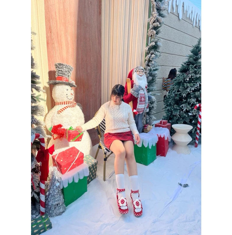 JUDII LES SHU ลายใหม่ Polka dot รุ่น Bloomy (วัสดุผ้าแคนวาส) Size 34-45 ส้นตึกเข็มขัดดอกไม้ รัดข้อ - Image 4