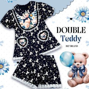 BLT BRAND ชุดเซ็ทสองชิ้น เสื้อพิมพ์ลายหมีสุดน่ารัก แต่งขอบลูกไม้สีขาวตัดชุดสีดำ