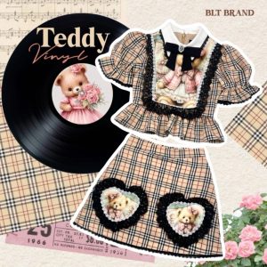 BLT BRAND ชุดเซ็ท 2 ชิ้น เสื้อ+กระโปรง ลายสก็อแขนตุ๊กตาลายน้องหมี