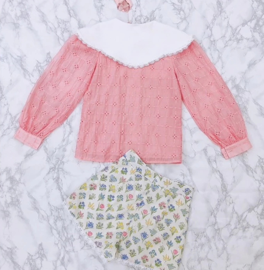 Maria Diamond สีชมพู Tinker Bell Set เซ็ต 2 ชิ้น เสื้อเชิ้ตคอตตอนปักฉลุ ปกปัก แขนยาวกระดุม + กางเกงขาสั้นมีกระเป๋า มีซับใน - Image 3