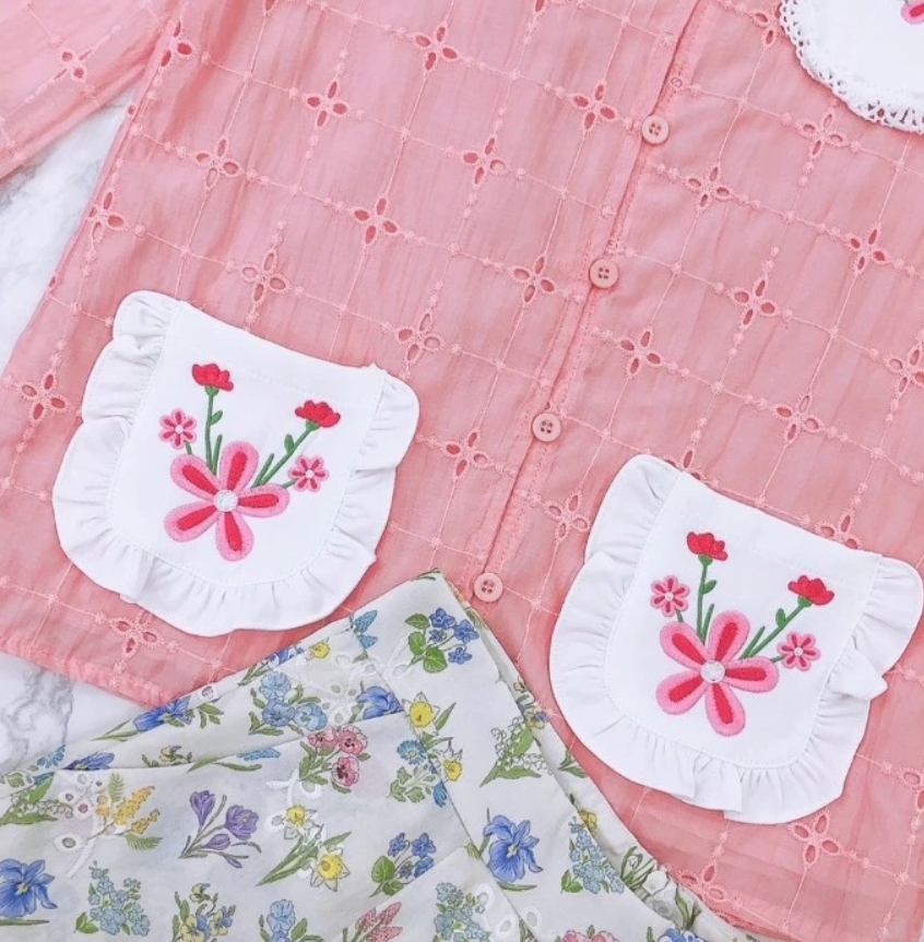 Maria Diamond สีชมพู Tinker Bell Set เซ็ต 2 ชิ้น เสื้อเชิ้ตคอตตอนปักฉลุ ปกปัก แขนยาวกระดุม + กางเกงขาสั้นมีกระเป๋า มีซับใน - Image 4