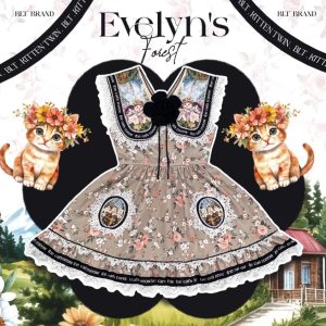 BLT BRAND มินิเดรสพิมพ์ลายวินเทจน้องแมว แต่งคอปกขอบลูกไม้